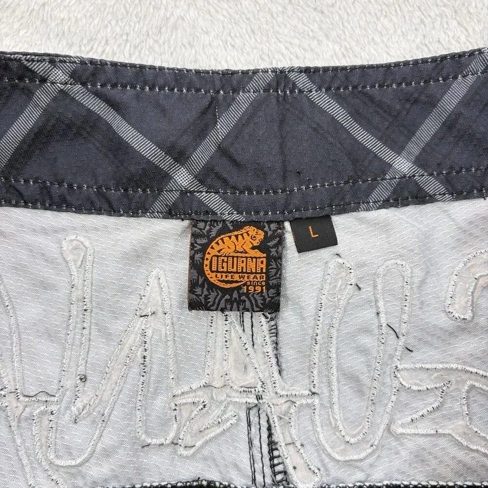 Y2K Iguana Lifewear Board Shorts Mens L Gray Plaid Floral Surf Swim Buckle